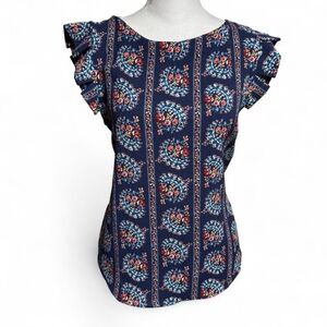Monteau Floral Ruffle Sleeve Blouse | Navy Medium | Feminine Work Top